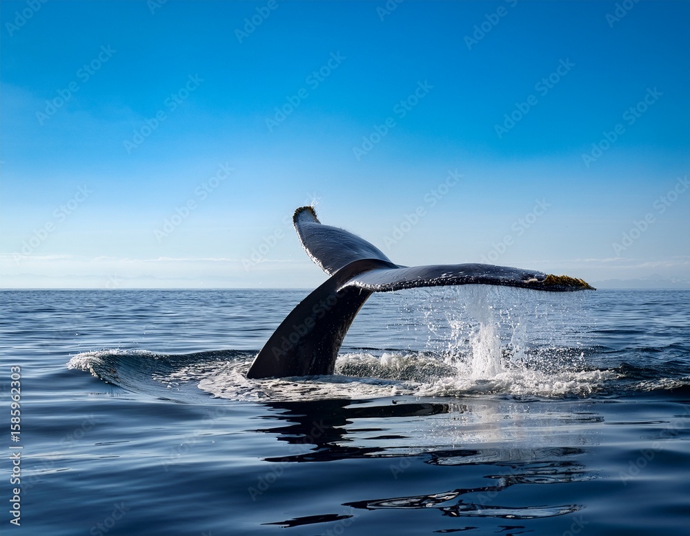 Fototapeta premium humpback whale tail splashing in calm ocean waters under clear sky