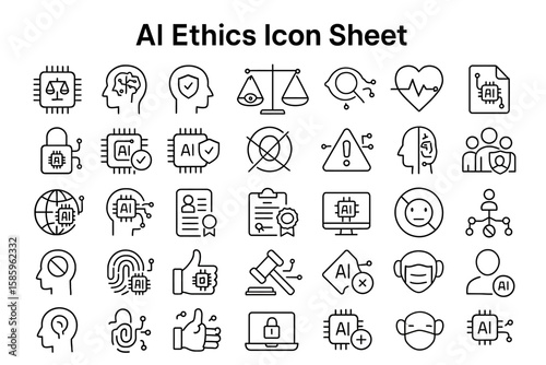 AI Ethics Icon Sheet: A comprehensive collection of simple icons representing key ethical considerations, designed for diverse applications, embodying complex ideas in a clean, straightforward manner.