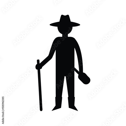 Silhouette of agricultural worker holding shovel on clean white background  