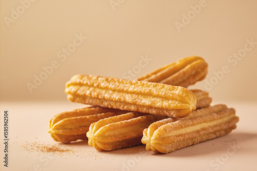 A stack of freshly fried churros dusted with sugar sits on a neutral-toned surface, showcasing their golden-brown texture.