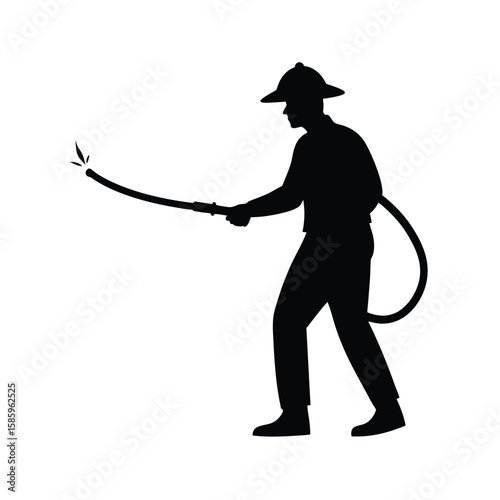 Silhouette of firefighter spraying water with hose in active emergency pose on white background