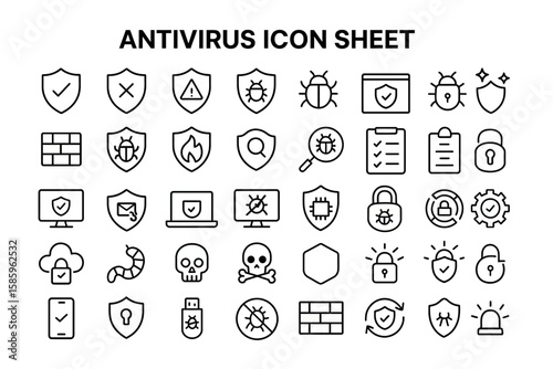 Antivirus Icon Sheet: A comprehensive collection of Antivirus related icons, including shields, bugs, firewalls, locks, and other security elements. Perfect for websites, apps, and presentations.
