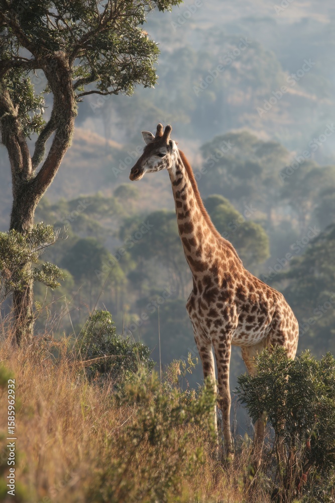 Obraz premium Giraffe elegantly feeding on treetop leaves in serene natural landscape
