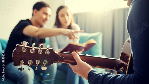People practicing music together indoors acoustic guitar