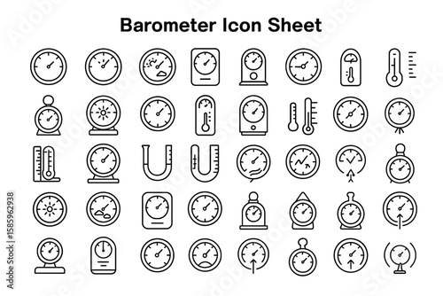 Barometer Icon Sheet: A detailed illustration of diverse barometer icons. The illustration captures a range of pressure measuring devices, ideal for design or educational materials.