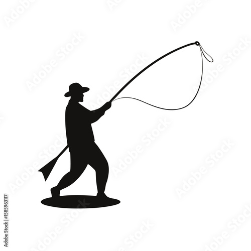 Silhouette of fisherman casting net into water during peaceful fishing scene on white background