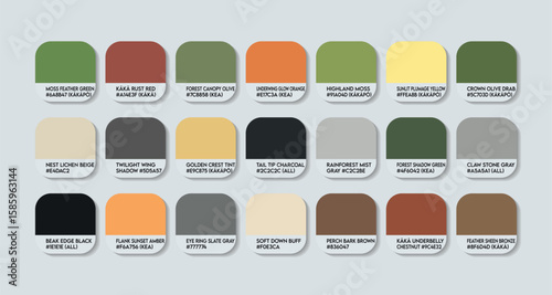 New Zealand Parrots Color Palette. New Zealand Parrot color Tone Swatch Chart with HEX Codes and Color Names. White cockatoo Feather and Body Tones Variants. Parrots of New Zealand Colors Palette