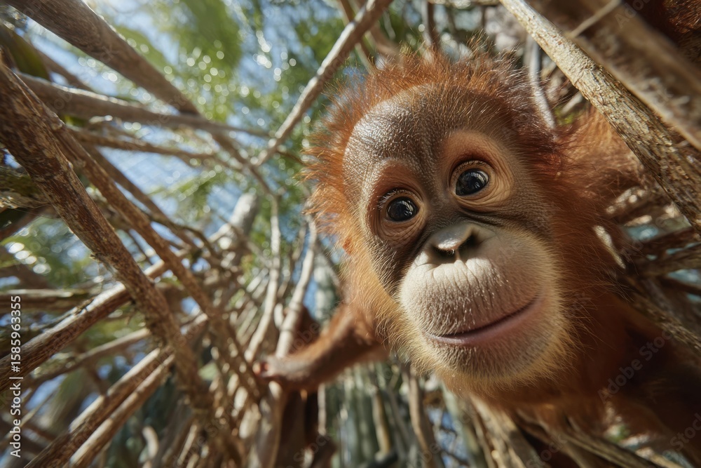 Fototapeta premium Baby orangutan swings joyfully from vines as caring mother watches closely