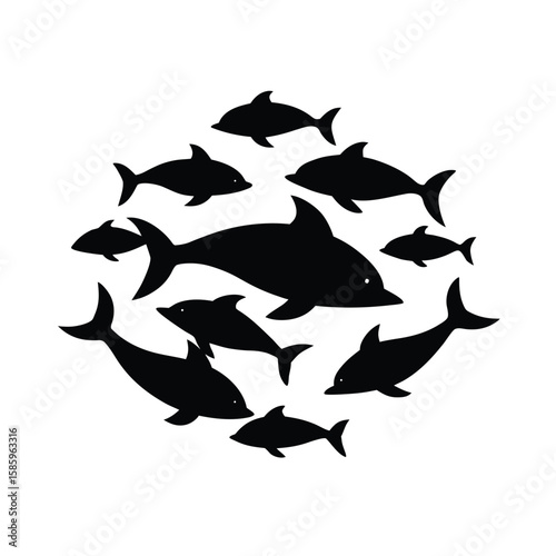 Silhouette of school of fish swimming in synchronized formation on clean white background