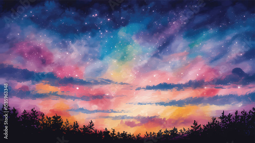 Colorful cosmic sky with silhouetted trees stars clouds