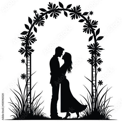 Couple embracing under floral archway silhouette embrace
