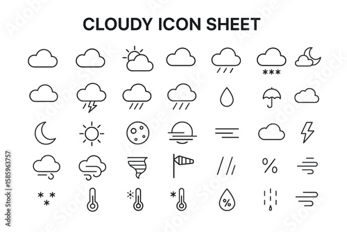 Cloudy Weather Icons: Collection of meticulously crafted outline icons that perfectly capture the essence of atmospheric conditions. Ideal for use in various applications.