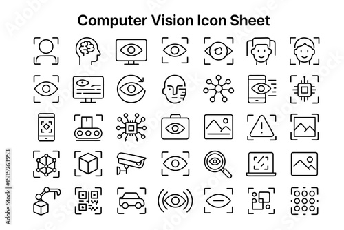 Computer Vision Icon Sheet: A comprehensive computer vision icon sheet provides a modern graphic resource for designers, showcasing multiple AI objects and symbols.