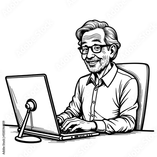 Elderly man on video chat with family – Remote connection, copyspace