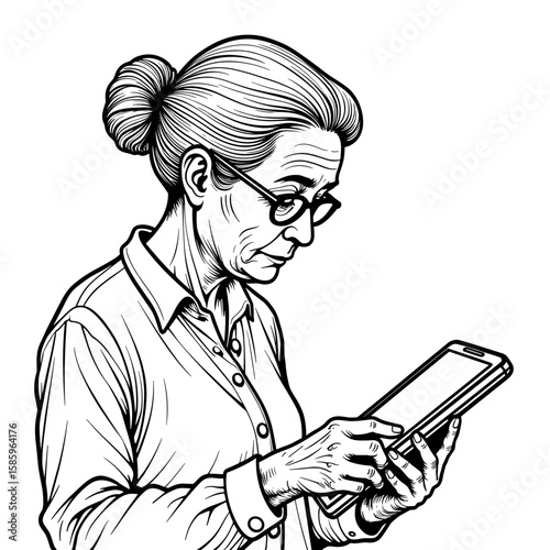 Elderly woman using tablet, technology adaptation for seniors