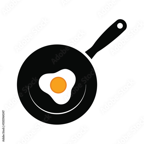Silhouette of frying pan with egg cooking inside symbolizing breakfast theme on white background
