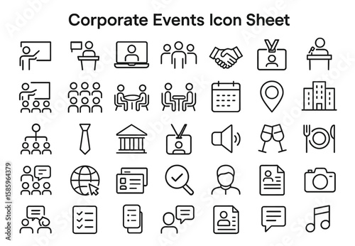 Corporate Events Icon Sheet: A concise collection of vector icons, representing various aspects of corporate events and gatherings. Featuring essential symbols such as presentations, meetings.