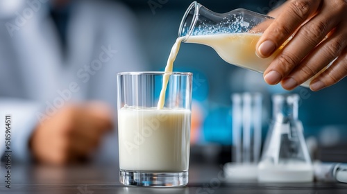 Laboratory technician in white coat pouring milk into test tube under sterile lighting, glassware and digital instruments on table