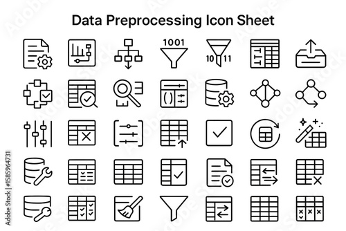 Data Preprocessing Icon Sheet: A comprehensive set of clean and precise icons that beautifully represents various facets of data transformation, cleaning, and refinement. This is a professional.