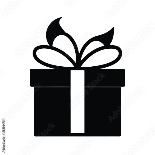 Silhouette of wrapped present box with large ribbon bow for festive occasion on white background