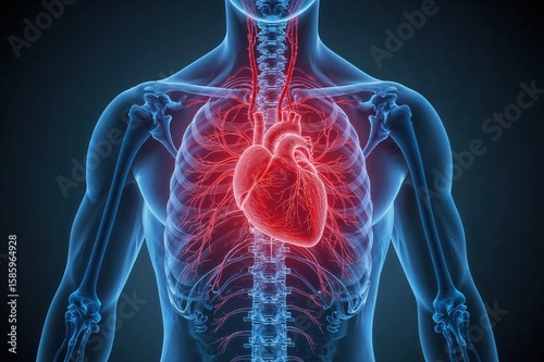 3D rendered human cardiovascular system with highlighted heart organ for medical education textbooks and healthcare professional training resources
