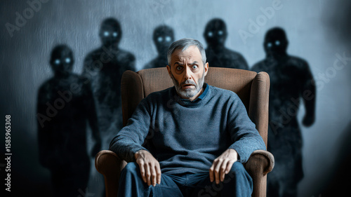 Alcoholic man sees things that are not there - figures, ghosts, monsters. A result of heavy alcohol binge