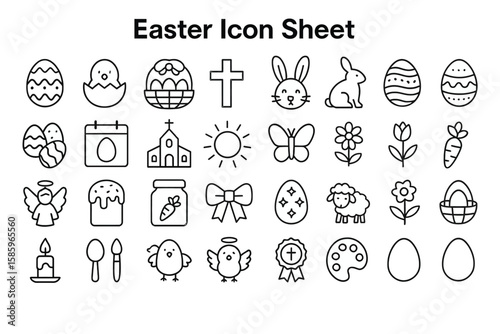 Easter Icon Sheet: A comprehensive collection of Easter-themed icons in a clean, modern, and versatile design, featuring Easter egg, cross, bunny, chick, flower, butterfly, church and more.