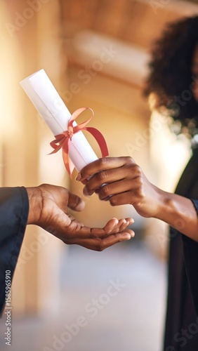 Close-up of hands exchanging a diploma at a graduation ceremony