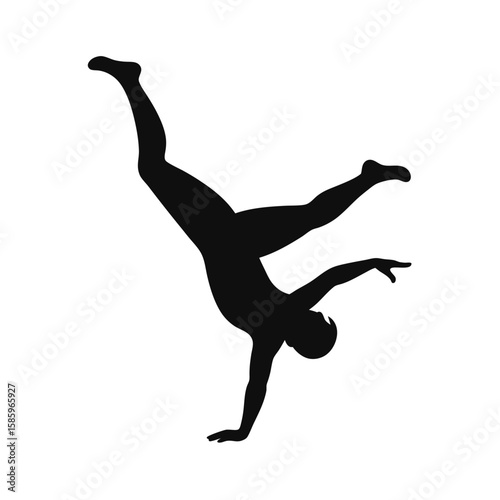 Silhouette of gymnast flipping midair showing acrobatic skill and grace on white background