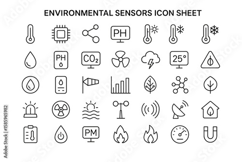 Environmental Sensor Icons: A detailed icon sheet featuring various environmental sensors, encompassing everything from thermometers and cloud symbols to wind vanes and water drops.