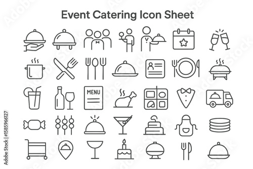 Event Catering Icons: A comprehensive collection of event catering icons, elegantly crafted in a minimalist design, offering versatile visuals for your catering needs.