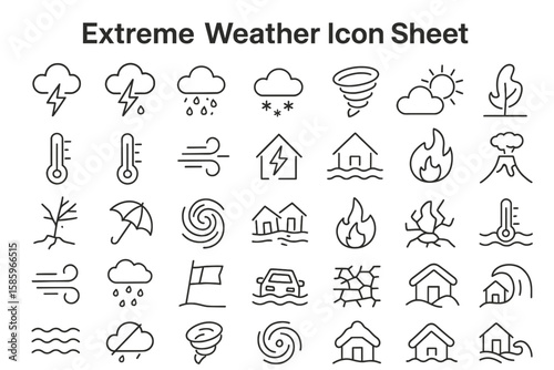 Extreme Weather Icon Set: A comprehensive set of vector icons showcasing various extreme weather conditions, perfect for illustrating weather forecasts, climate change, or emergency preparedness.