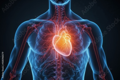 3D anatomical visualization of cardiovascular system with glowing heart for medical research presentations and cardiology training programs
