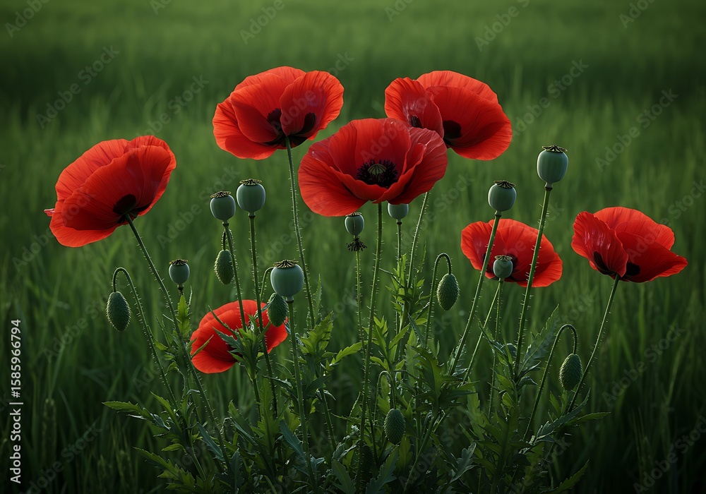 Obraz premium Vivid Red Poppies Blooming in Lush Green Meadow at Sunrise, Close Up Botanical Nature Photography
