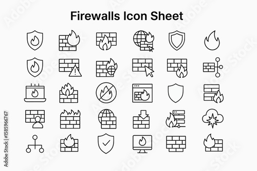 Firewall Icon Sheet: A comprehensive collection of firewall icons, perfect for presentations, websites, or app design.  The sheet features various line icons representing network security, protection.