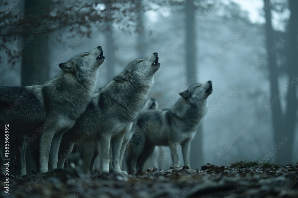 Obraz premium Wolves howl into the evening mist of a dense forest at twilight