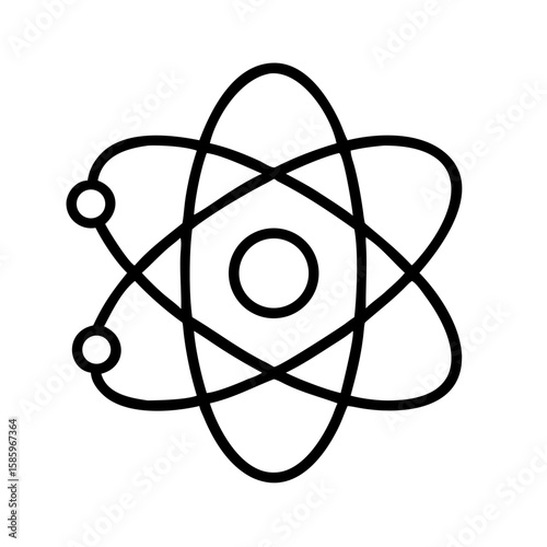Atomic nucleus graphic icon in minimalist black line design  