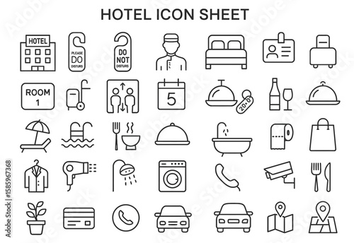 Hotel Icon Sheet: A meticulously crafted collection of hotel-themed icons, designed with precision and clarity, offering a comprehensive visual guide to various aspects of hospitality and travel.