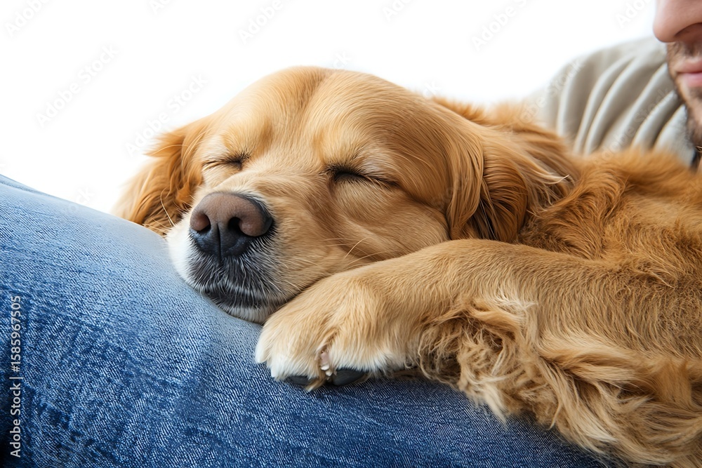 Golden retriever sleeping peacefully on owner's lap in a moment of comfort and companionship Golden retriever sleeping peacefully on owner's lap in a moment of comfort and companionship