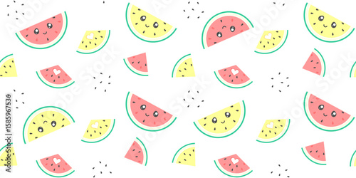 Red and yellow watermelon slices with a cute face and a carved heart on a white background with seeds. Colorful endless texture with kawaii summer fruit. Vector seamless pattern for surface texture