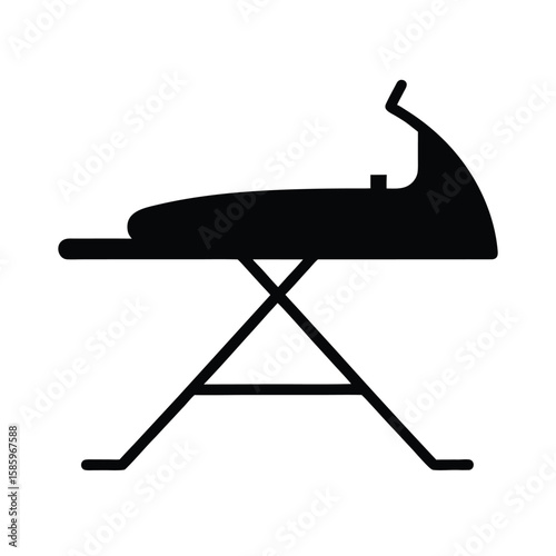 Silhouette of ironing board with iron resting on top for domestic and home theme on white background