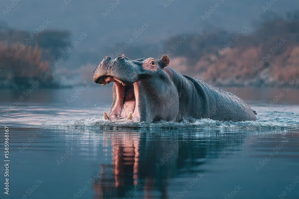Fototapeta premium Wide yawn of a hippo as it rests in tranquil waters at dawn