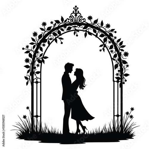 Couple embracing under floral archway silhouette