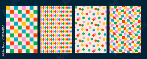 Colorful seamless pattern set with checkered, diamond, dot, and wavy checker designs. Retro confetti pattern background with bright abstract vector elements. Perfect for wrapping paper and fabric