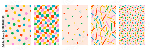 Seamless patterns with confetti dot, wavy checker, curved square and abstract streamers confetti in colorful retro style. Confetti and checker seamless pattern in bright palette.