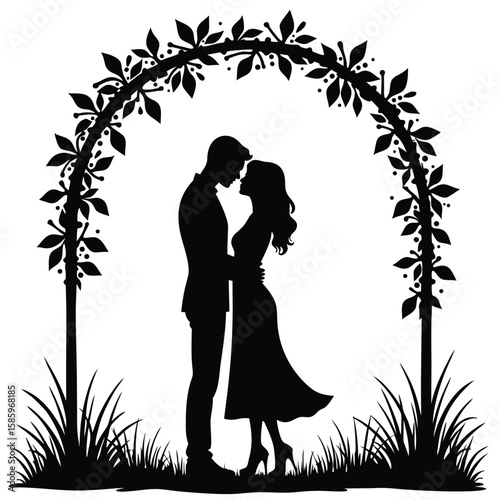 Couple embracing under floral archway silhouette