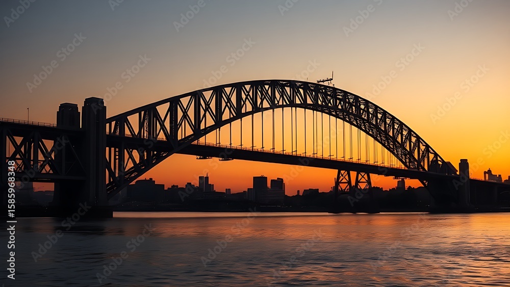 Naklejka premium Majestic steel bridge at dusk reflects golden light on calm water under a gradient twilight sky.