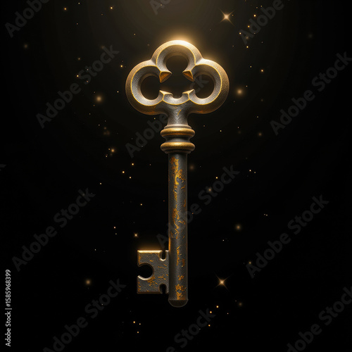 Vintage key with intricate designs, glowing against dark background, evokes sense of mystery and adventure