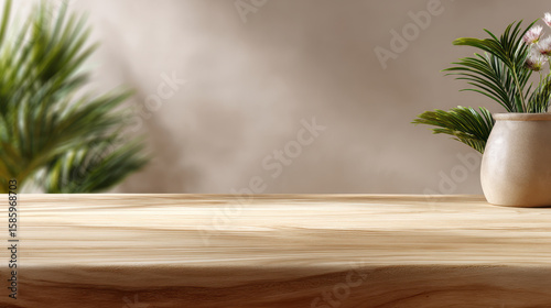 Wooden table with potted plant and blurred green leaves in background creating calm and natural atmosphere