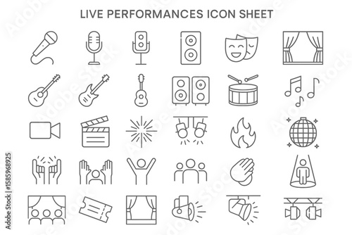 Live Performances Icon Sheet: A comprehensive collection of icons representing the different elements and facets of live performances, meticulously crafted in a clean and minimalist style.
